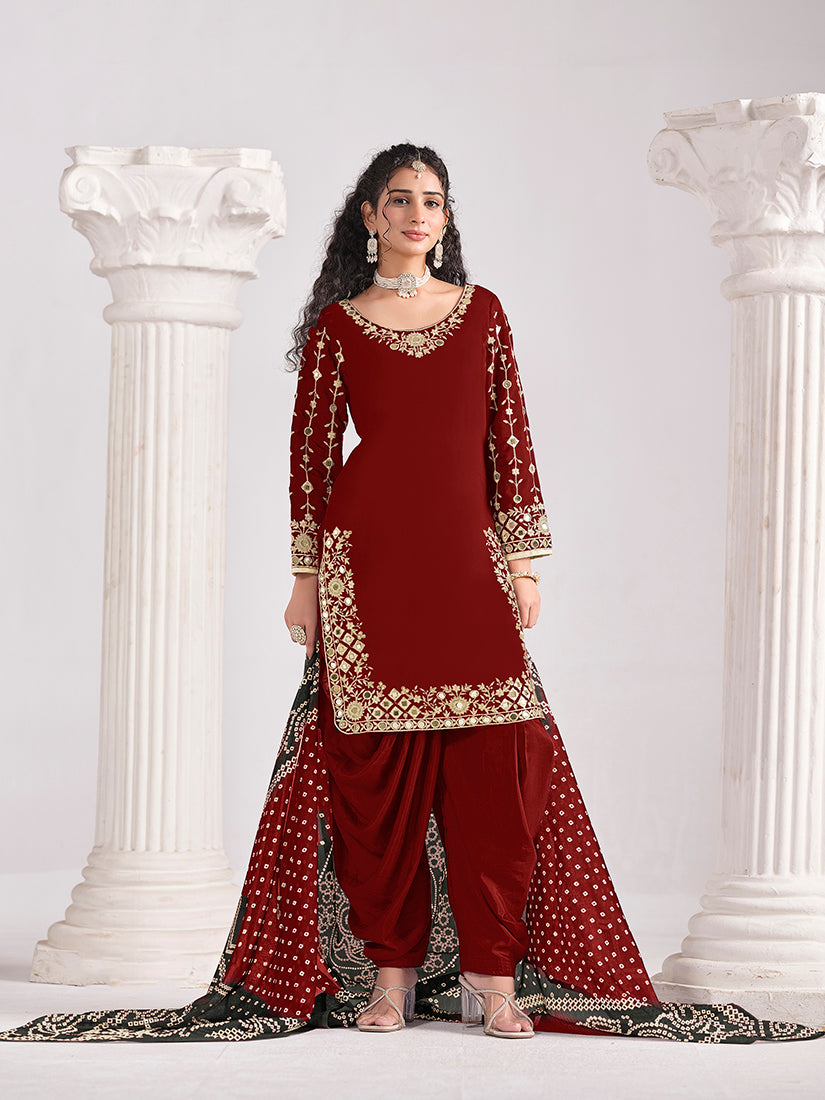 Maroon Chanderi Silk Salwar Kameez with Mirror and Zari Work