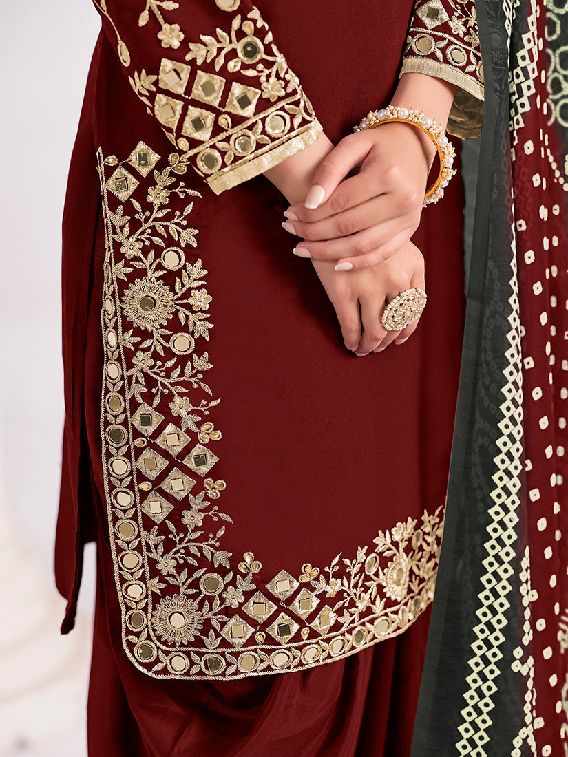 Maroon Chanderi Silk Salwar Kameez with Mirror and Zari Work
