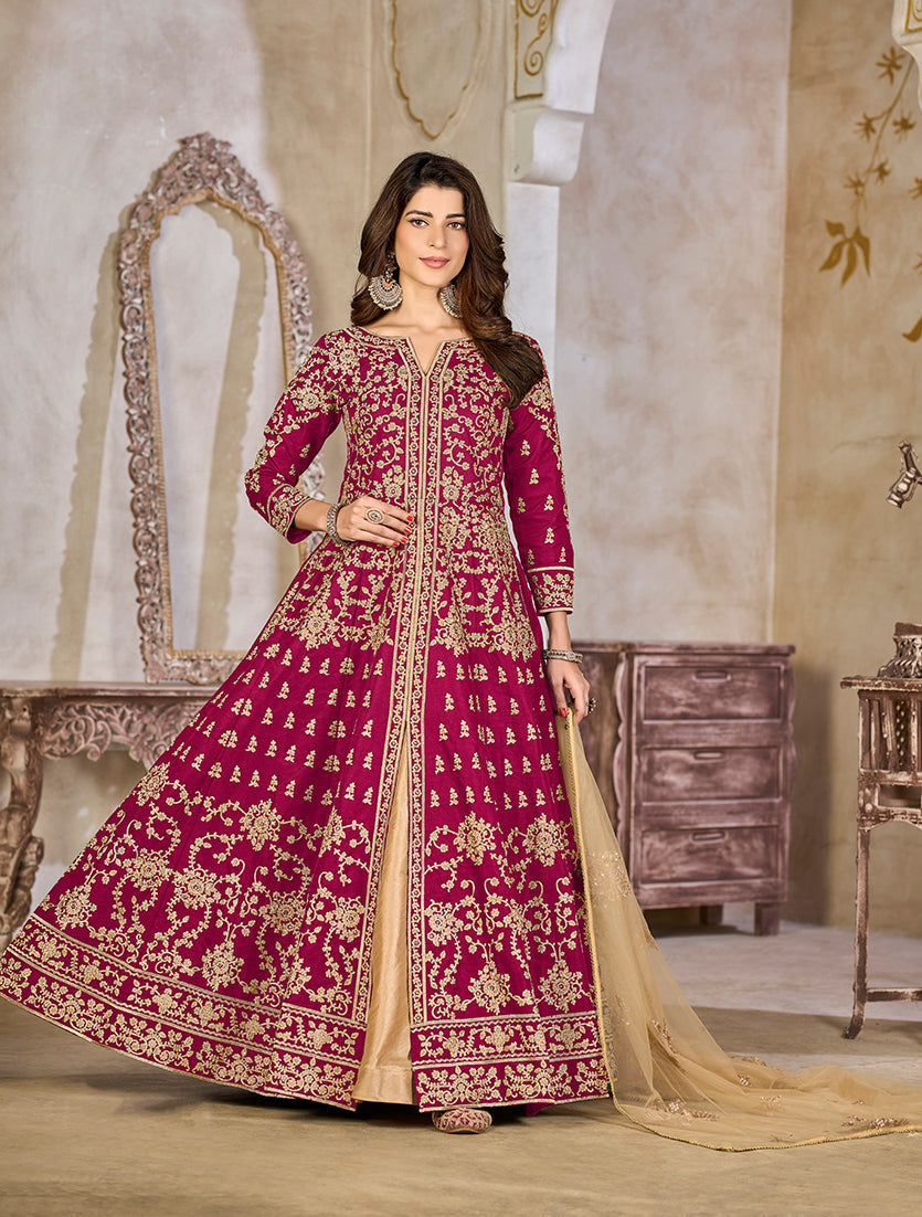 Monjolika Fashion Rani Pink Color Art Silk Embroidered Anarkali Salwar Kameez