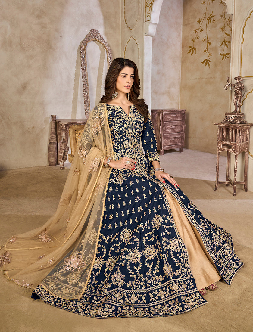 Monjolika Fashion Navy Blue Color Art Silk Embroidered Anarkali Salwar Kameez