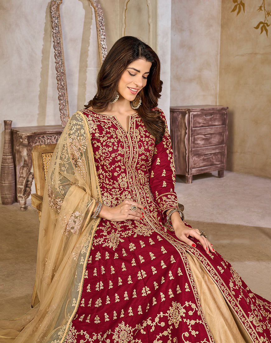 Monjolika Fashion Maroon Color Art Silk Embroidered Anarkali Salwar Kameez
