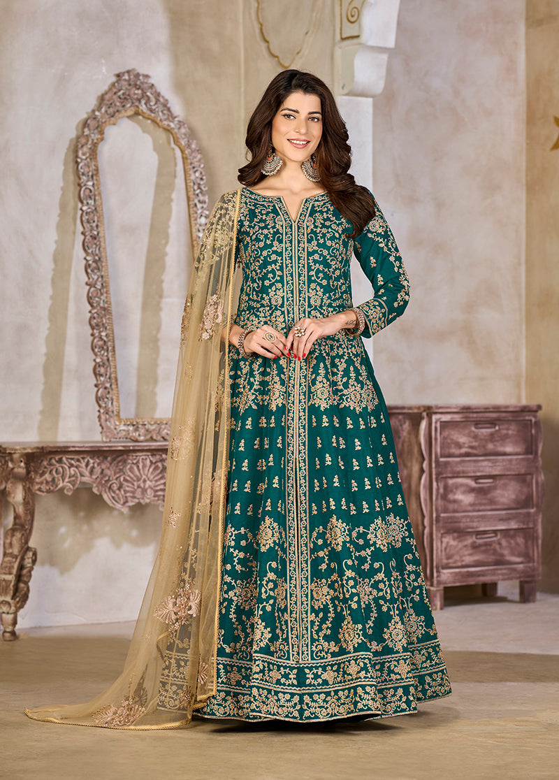 Teal Art Silk Embroidered Anarkali Salwar Kameez Set