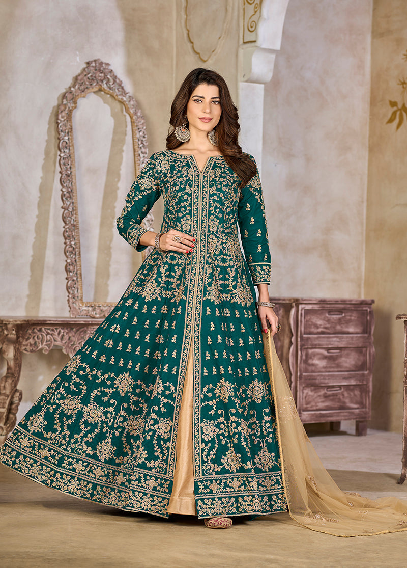 Teal Anarkali salwar kameez with gold zari work and embroidery