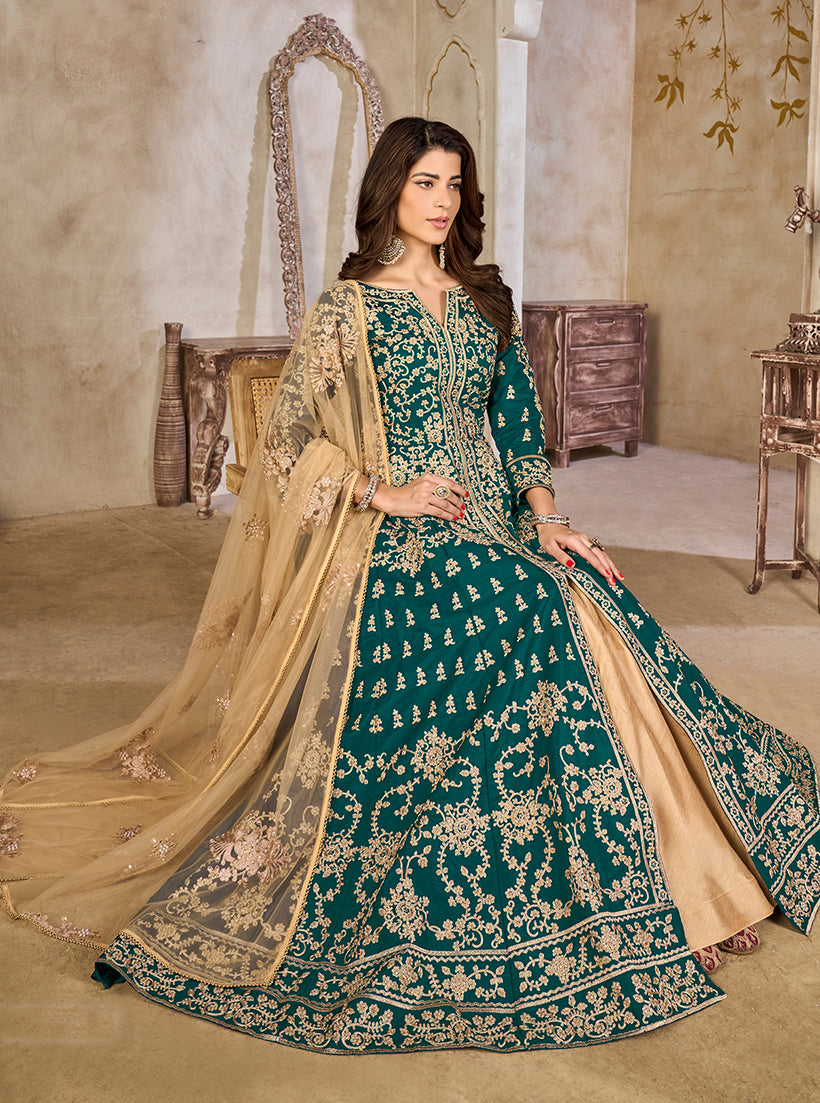 Teal Art Silk Embroidered Anarkali Salwar Kameez Set