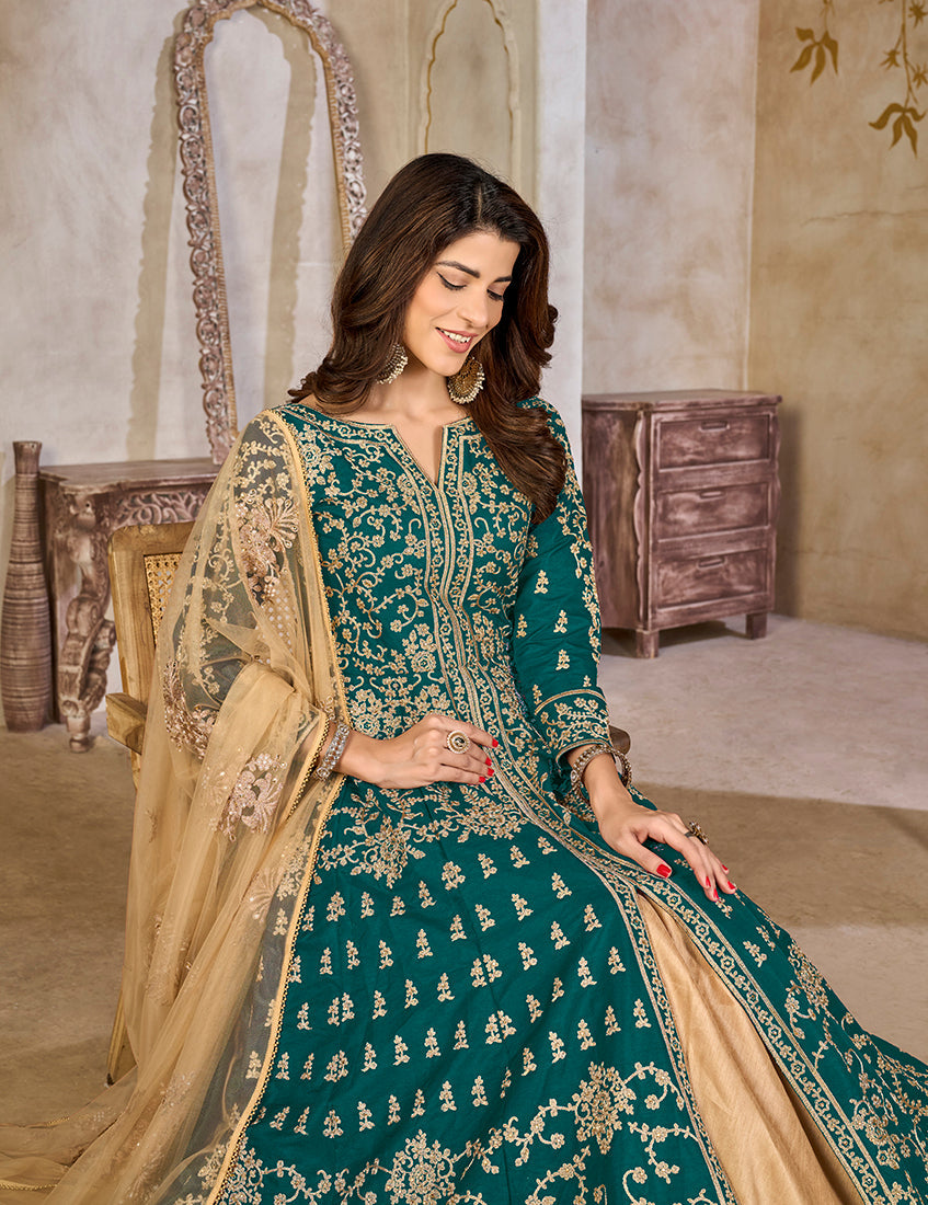 Teal Art Silk Embroidered Anarkali Salwar Kameez Set