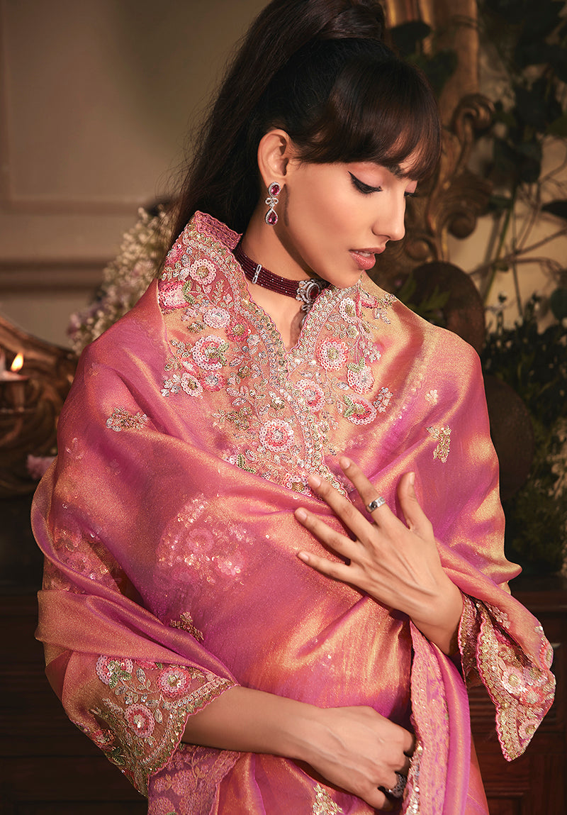 Pink Tissue Organza Saree with Heavy Stone Embellished Border