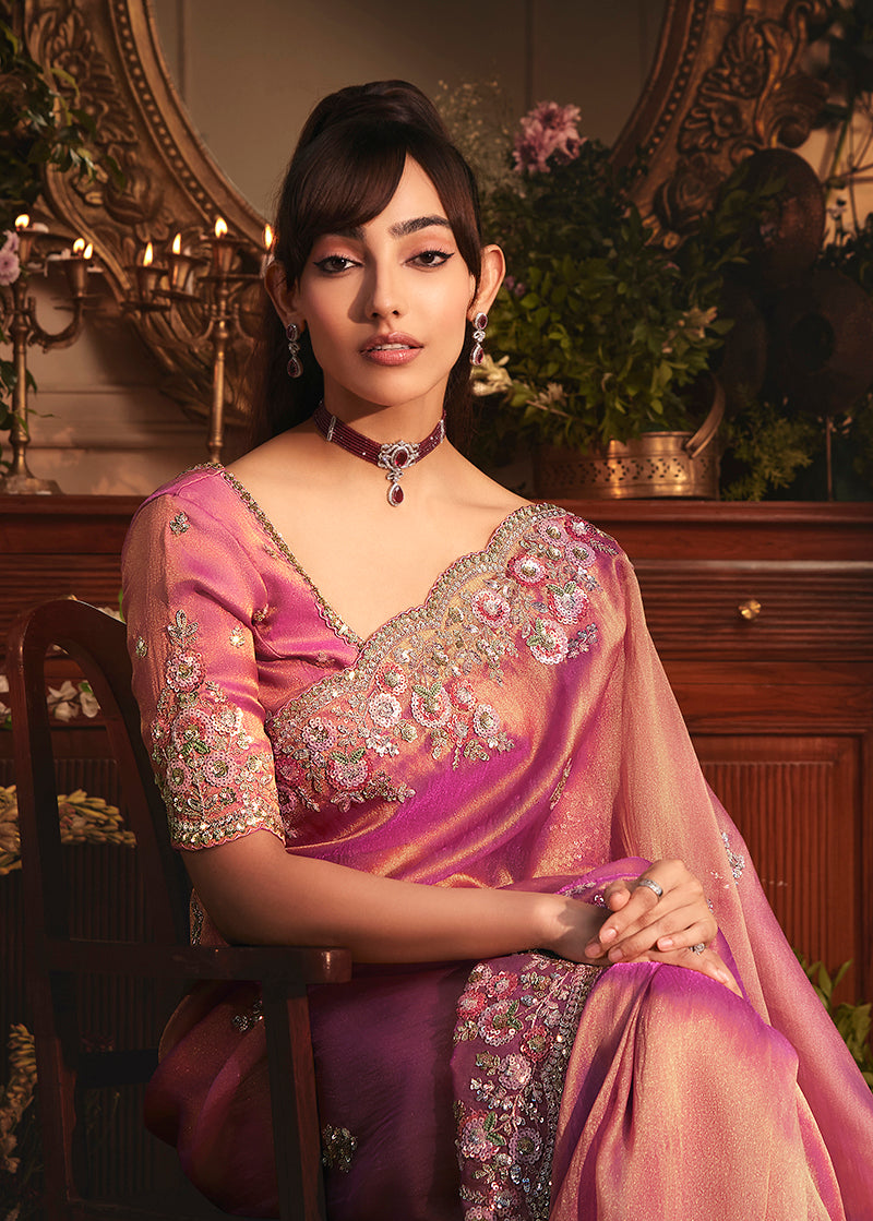 Pink Tissue Organza Saree with Heavy Stone Embellished Border