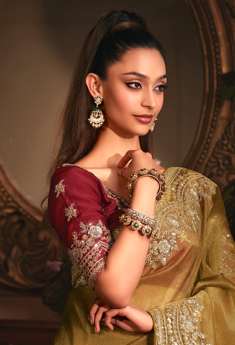 Golden Tissue Organza Saree With All Over Butta And Stone Border