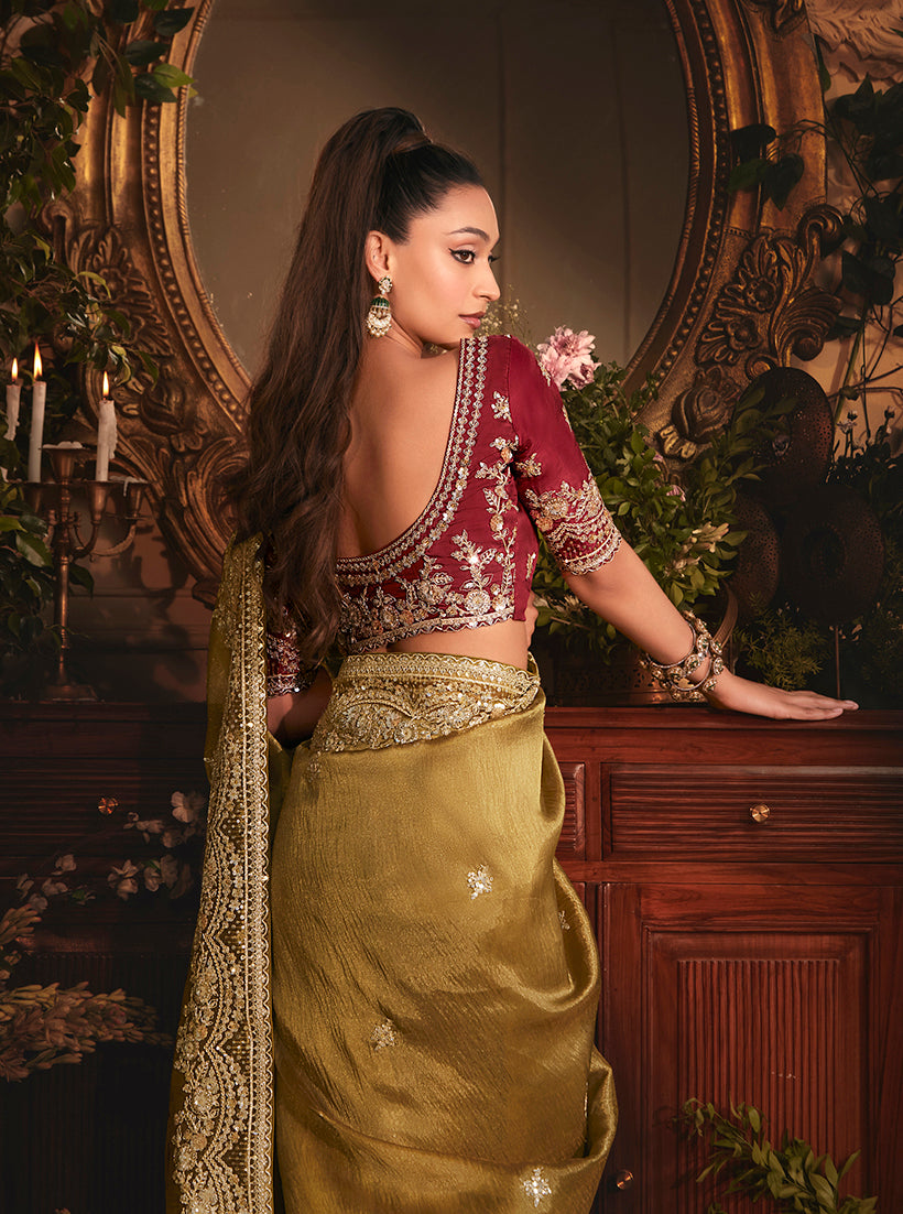 Golden Tissue Organza Saree With All Over Butta And Stone Border