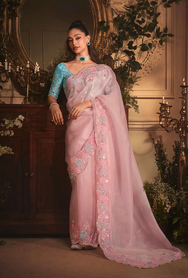 Light Pink Tissue Organza Saree with heavy stone-embellished border and butta embroidery
