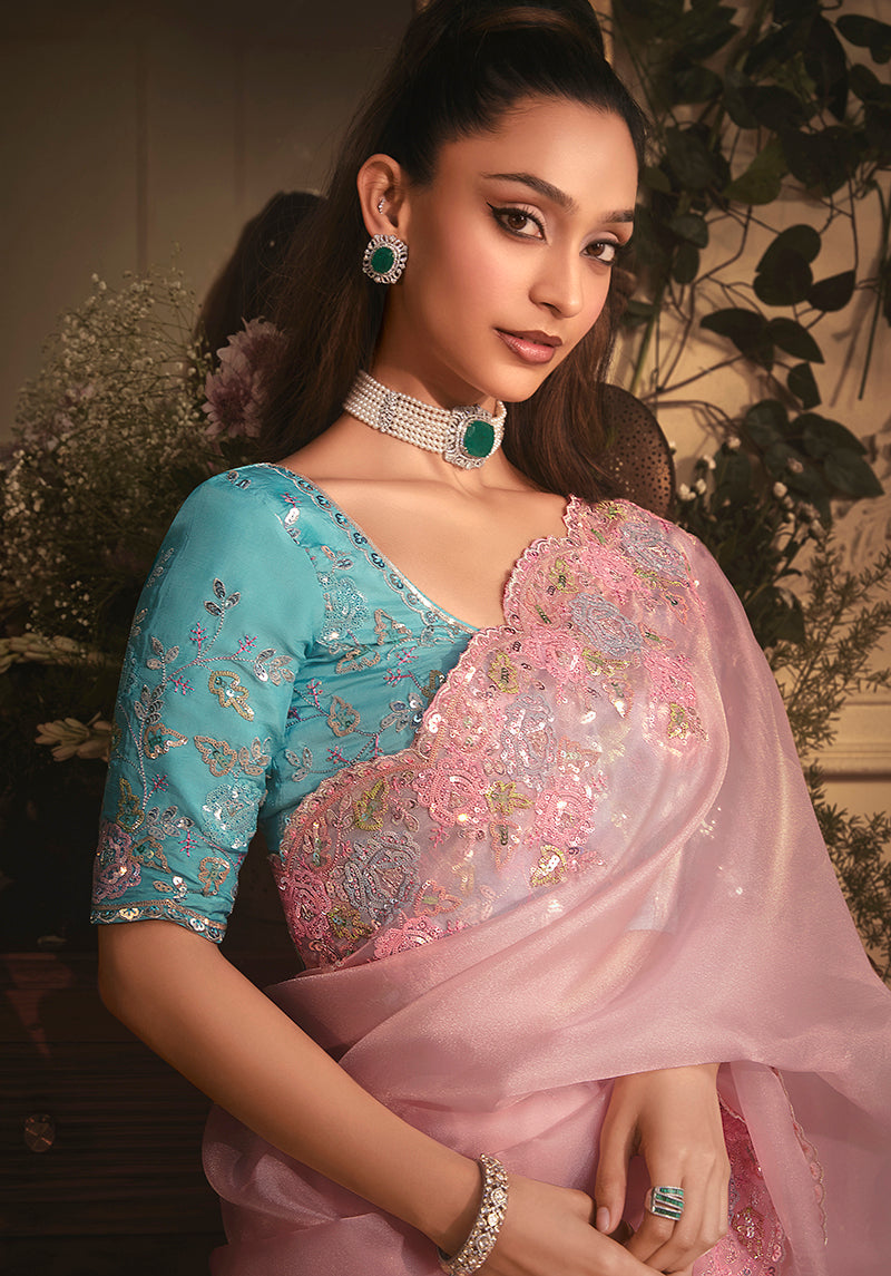 Light Pink Tissue Organza Saree with Heavy Stone Embellished Border