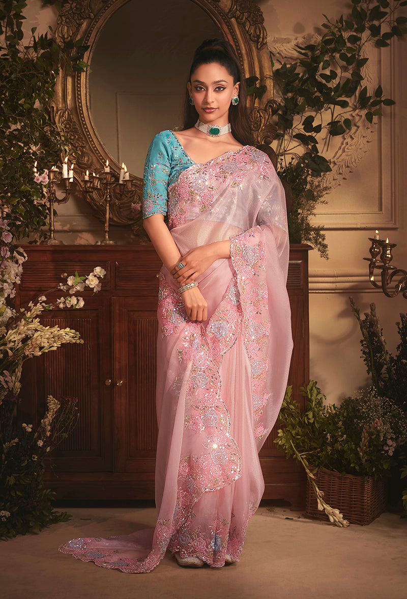 Light Pink Tissue Organza Saree with Heavy Stone Embellished Border