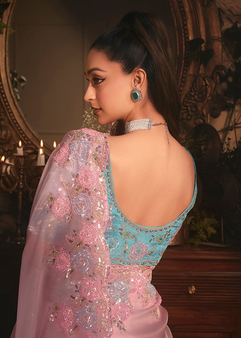 Light Pink Tissue Organza Saree with Heavy Stone Embellished Border