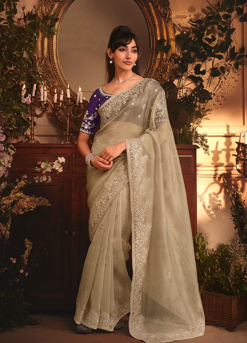 Beige tissue organza saree with all-over butta work and heavy stone embellished border.