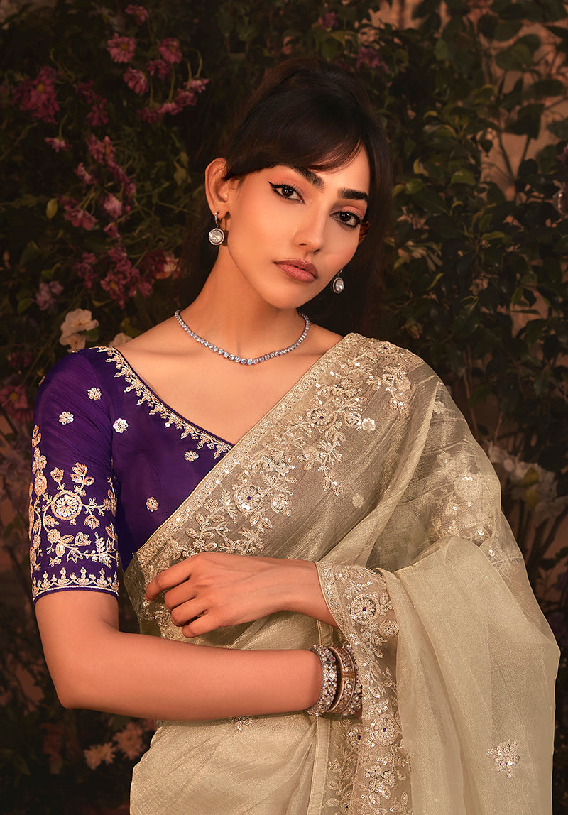 Beige Tissue Organza Saree with Butta Work & Stone Embellished Border