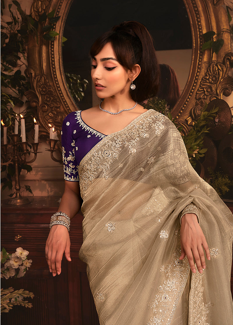 Beige Tissue Organza Saree with Butta Work & Stone Embellished Border
