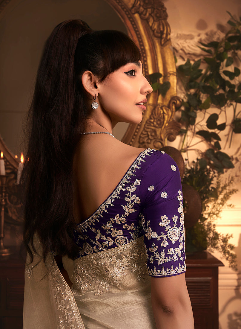 Beige Tissue Organza Saree with Butta Work & Stone Embellished Border