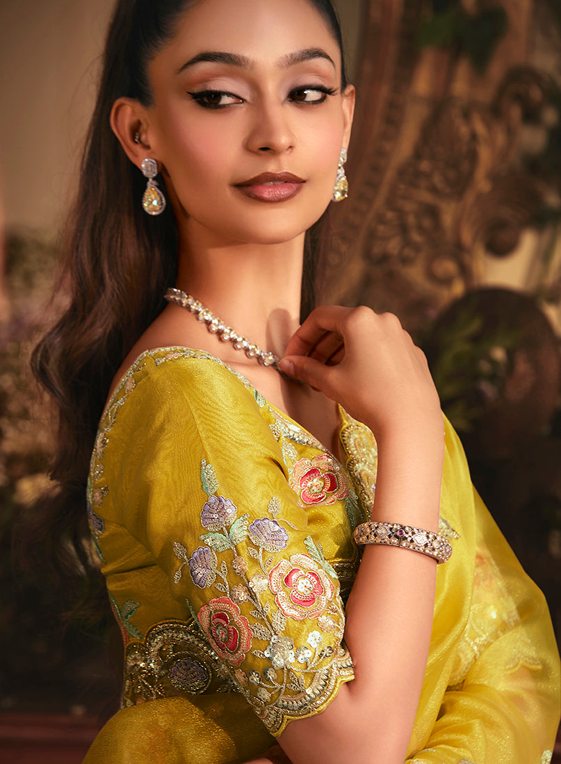 Mustard Tissue Organza Saree With Stone Embellished Border