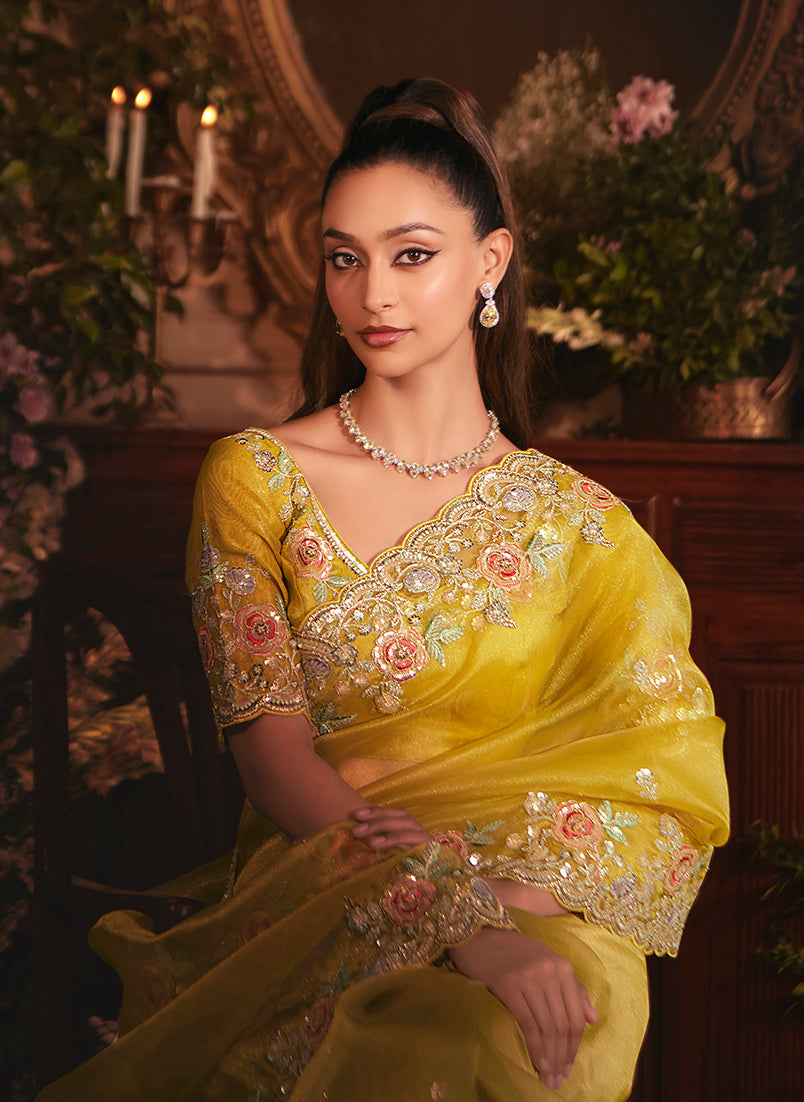 Mustard Tissue Organza Saree With Stone Embellished Border