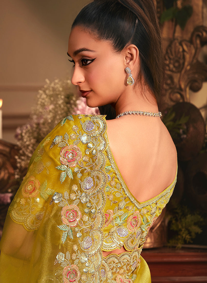 Mustard Tissue Organza Saree With Stone Embellished Border