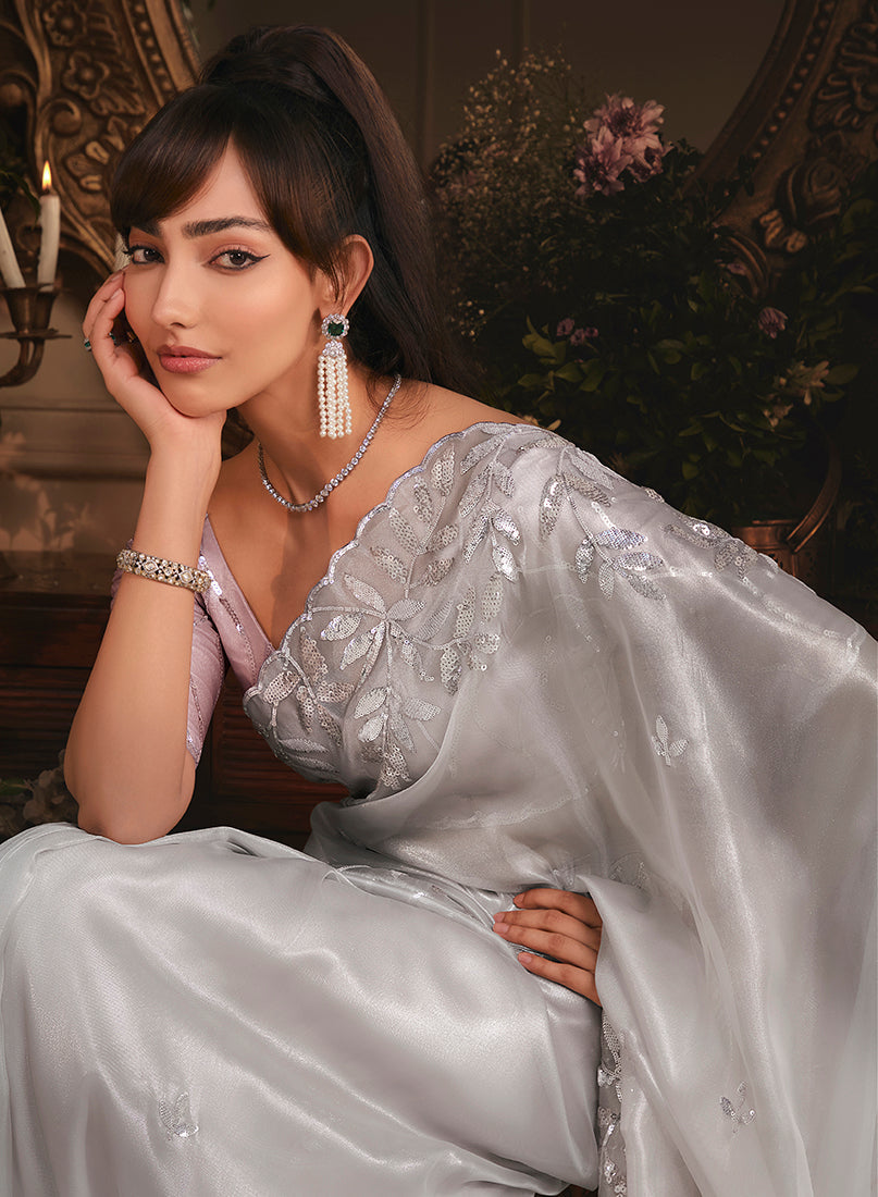Monjolika Fashion Designer Light Grey Tissue Organza Saree With All Over Butta Work & Heavy Stone Embellished Border