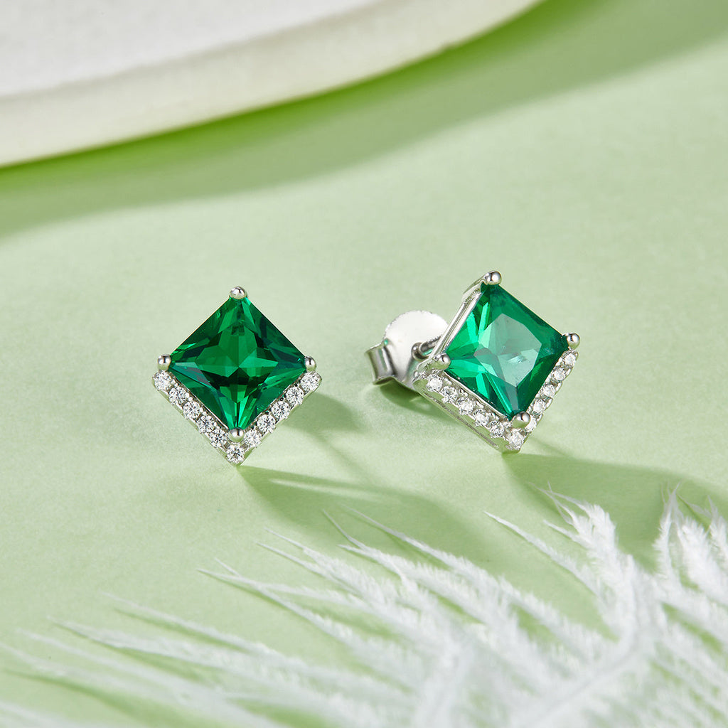 S925 Silver Platinum Plated Lab-Created Emerald Earrings, 0.3&2.5ct Princess Cut Studs, Pair