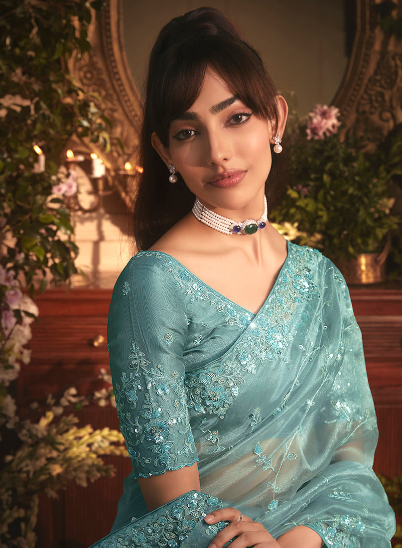 Aqua Blue Tissue Organza Saree with Heavy Stone Embellished Border