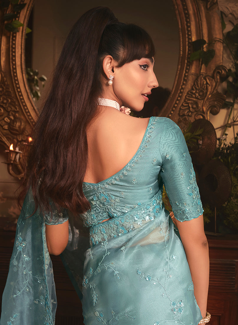 Aqua Blue Tissue Organza Saree with Heavy Stone Embellished Border