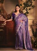 Purple tissue organza saree with all-over butta work and heavy stone-embellished border