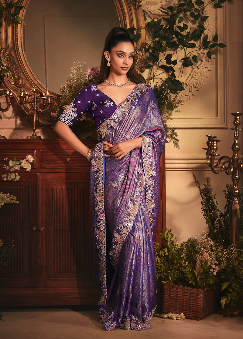 Purple Tissue Organza Saree with Heavy Stone Embellished Border