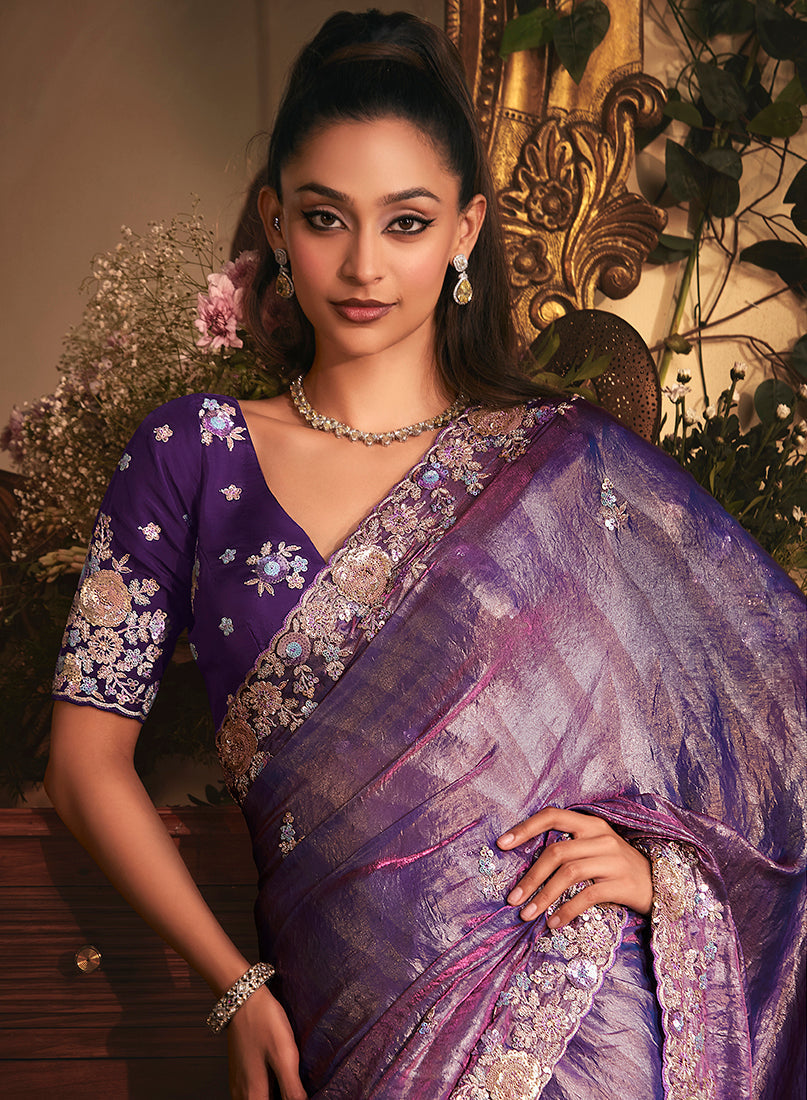 Purple Tissue Organza Saree with Heavy Stone Embellished Border