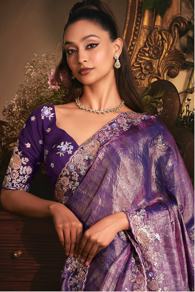 Purple Tissue Organza Saree with Heavy Stone Embellished Border