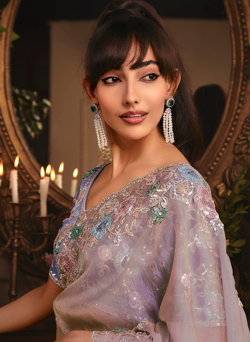 Light Lilac Tissue Organza Saree with Butta Work and Heavy Border