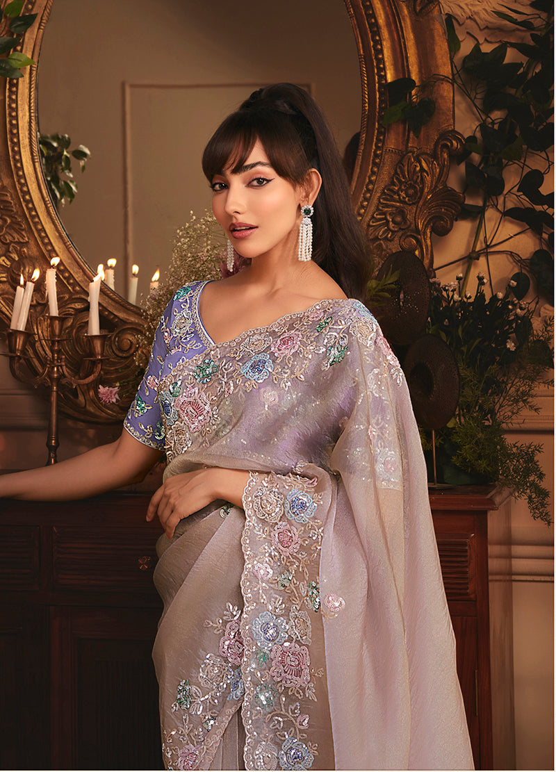 Light Lilac Tissue Organza Saree with Butta Work and Heavy Border