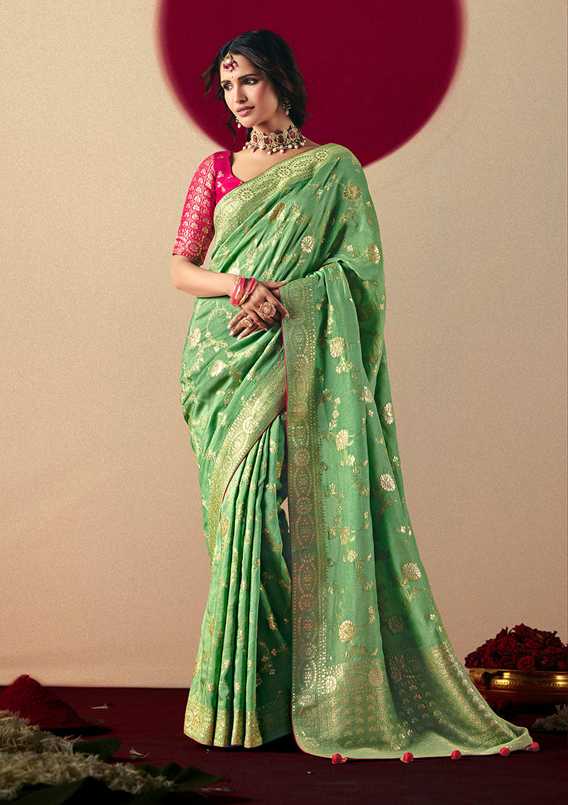 Monjolika Fashion Viscose Silk Green Saree With Rich Zari Weaving & Designer Tassels