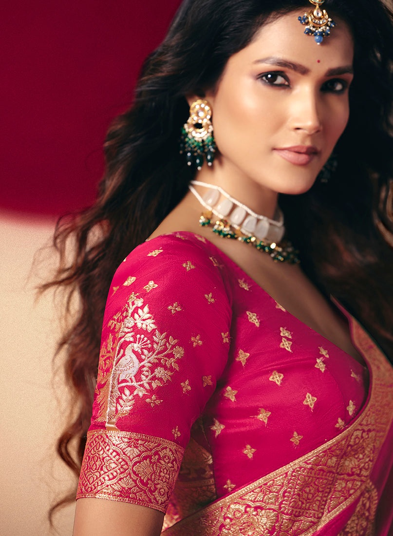 Rani Pink Viscose Silk Saree with Zari Weaving & Designer Tassels