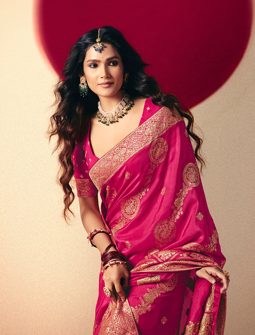 Rani Pink Viscose Silk Saree with Zari Weaving & Designer Tassels