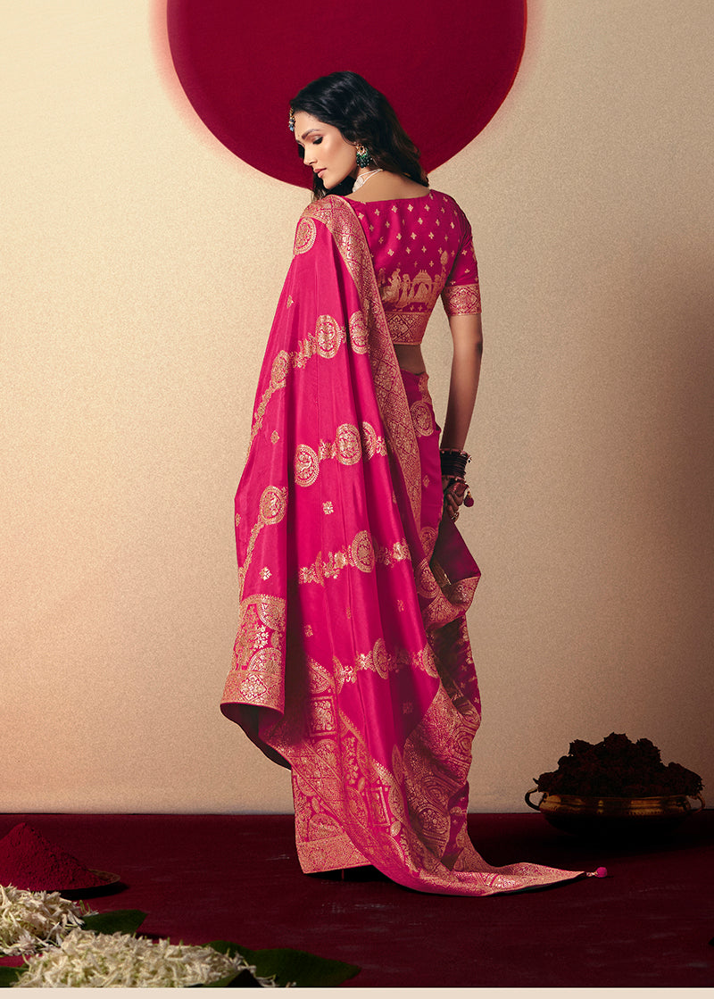 Rani Pink Viscose Silk Saree with Zari Weaving & Designer Tassels
