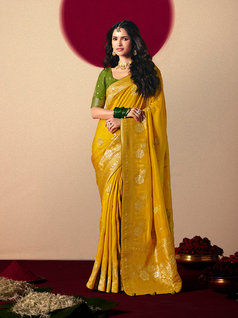 Mustard viscose silk saree with intricate Zari weaving and designer tassels