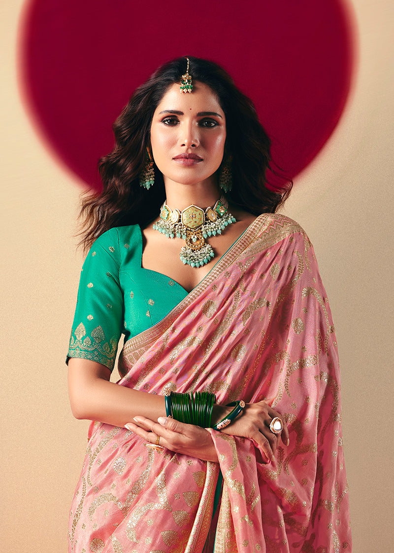 Monjolika Fashion Viscose Silk Light Pink Saree With Rich Zari Weaving & Designer Tassels