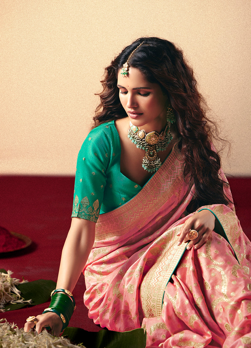 Monjolika Fashion Viscose Silk Light Pink Saree With Rich Zari Weaving & Designer Tassels