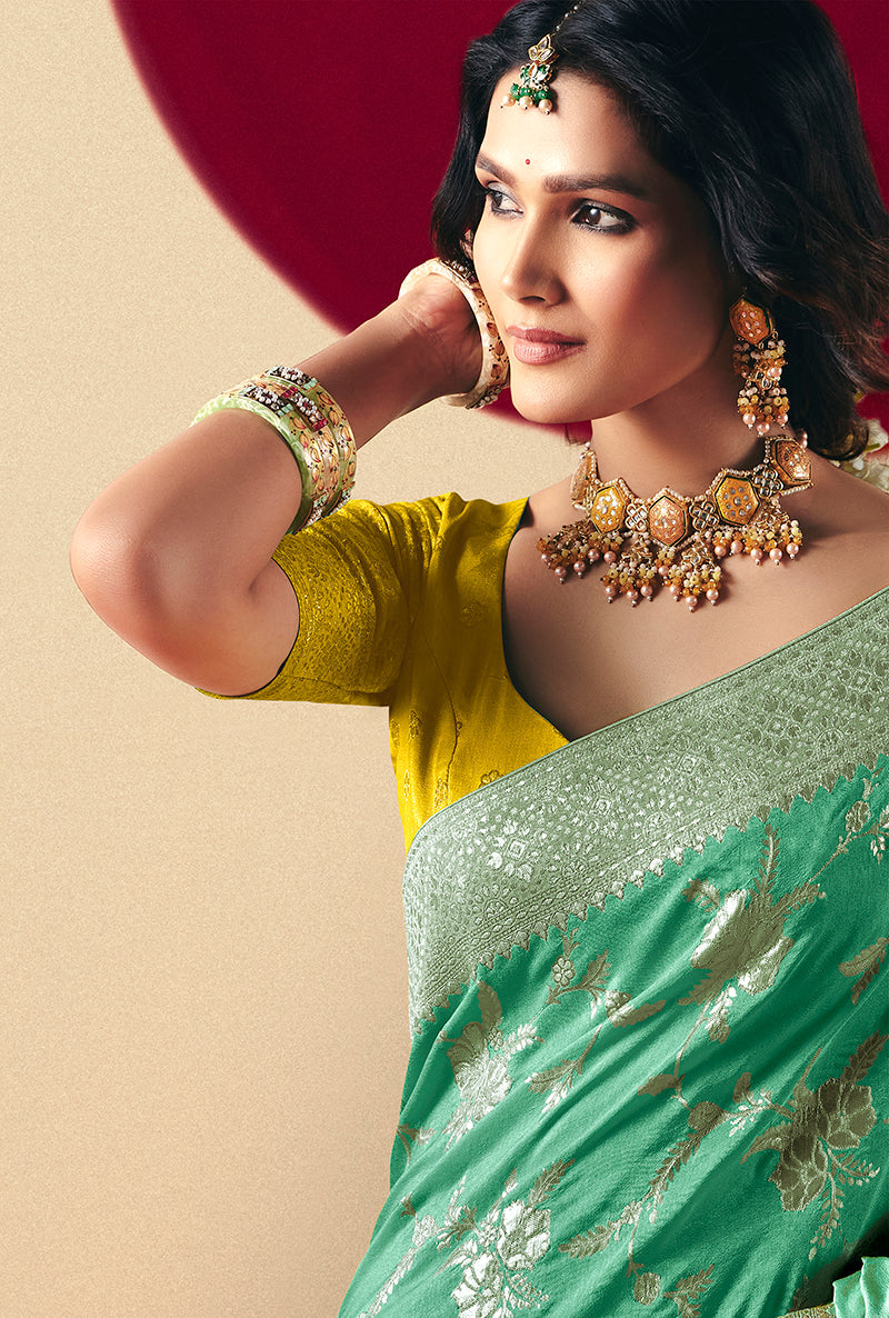 Sea Green Viscose Silk Saree With Rich Zari Weaving