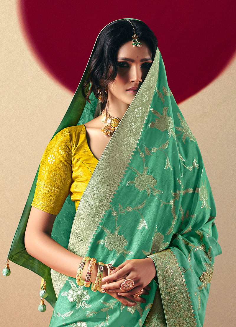 Sea Green Viscose Silk Saree With Rich Zari Weaving