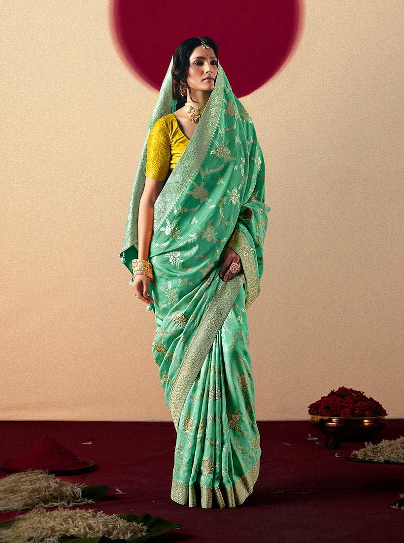 Sea Green Viscose Silk Saree With Rich Zari Weaving