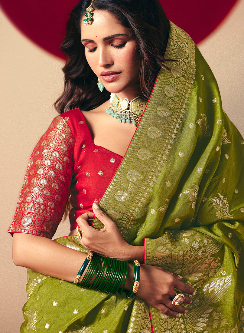 Monjolika Fashion Viscose Silk Olive Green Saree With Rich Zari Weaving & Designer Tassels