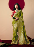 Olive Green Viscose Silk Saree with Zari weaving and decorative designer tassels