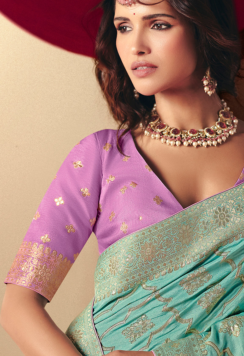 Aqua Blue Viscose Silk Saree with Rich Zari Weaving and Tassels