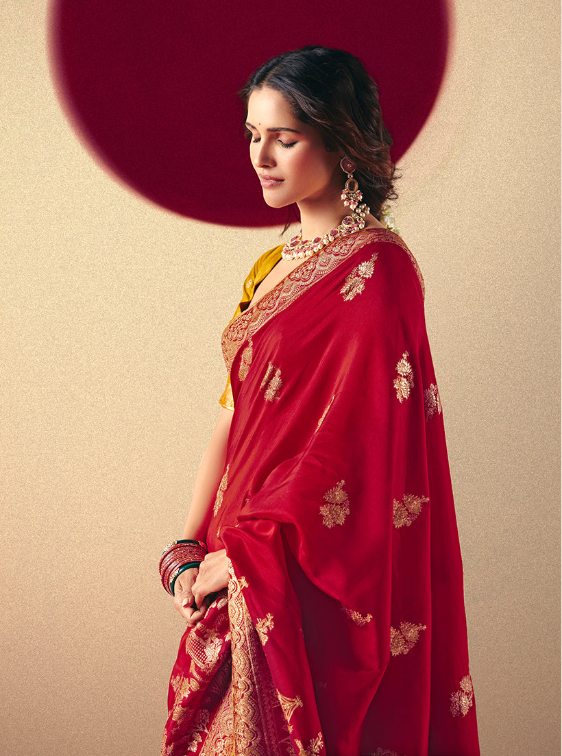 Red Viscose Silk Saree with Rich Zari Weaving and Designer Tassels