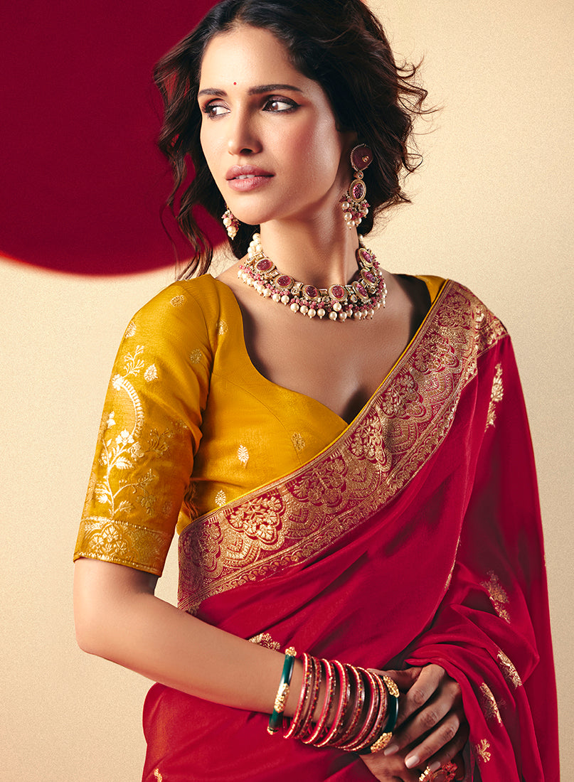 Red Viscose Silk Saree with Rich Zari Weaving and Designer Tassels