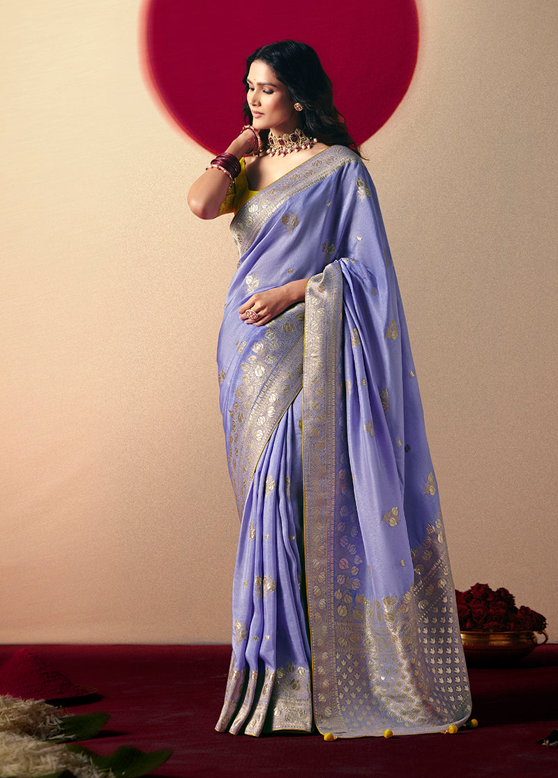 Lavender viscose silk saree with rich zari weaving and designer tassels on the pallu